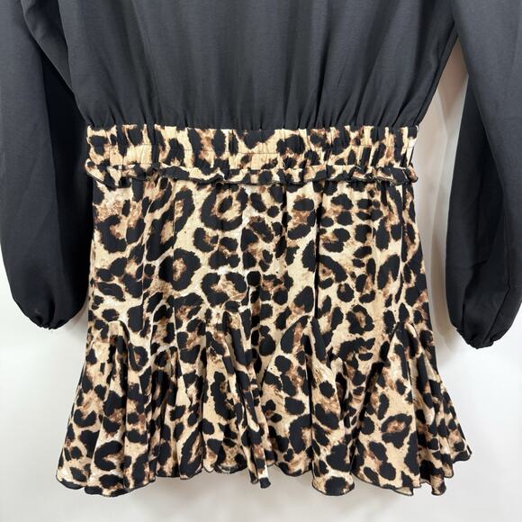 Main Strip NWOT Mini Dress Large Long Sleeved Leopard Print Ruffle Skirt Animal - Picture 10 of 14